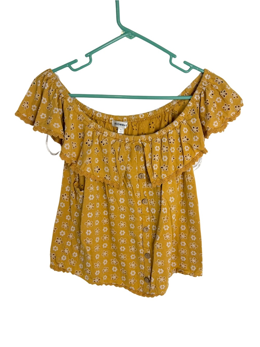 3/$20 Roommates Off-Shoulder Mustard Yellow Floral Crop Top Blouse Size Large